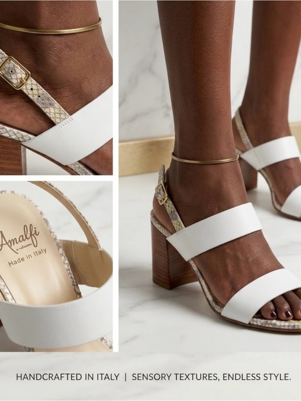 Amalfi by Rangoni White Snakeskin Block Heel Sandals